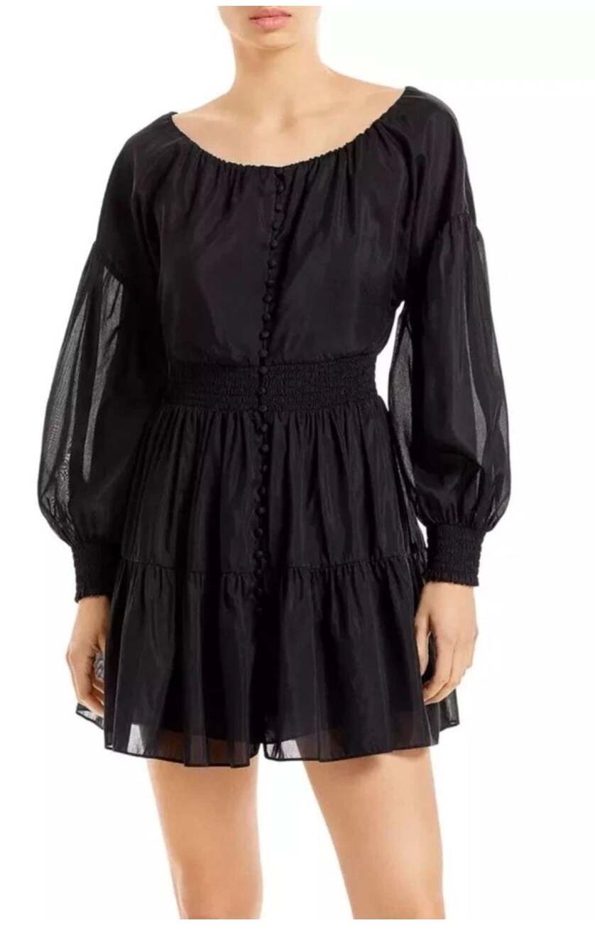 alice + olivia Mini Dress Size 4 Black Silk-Blend Tiered Long Sleeve